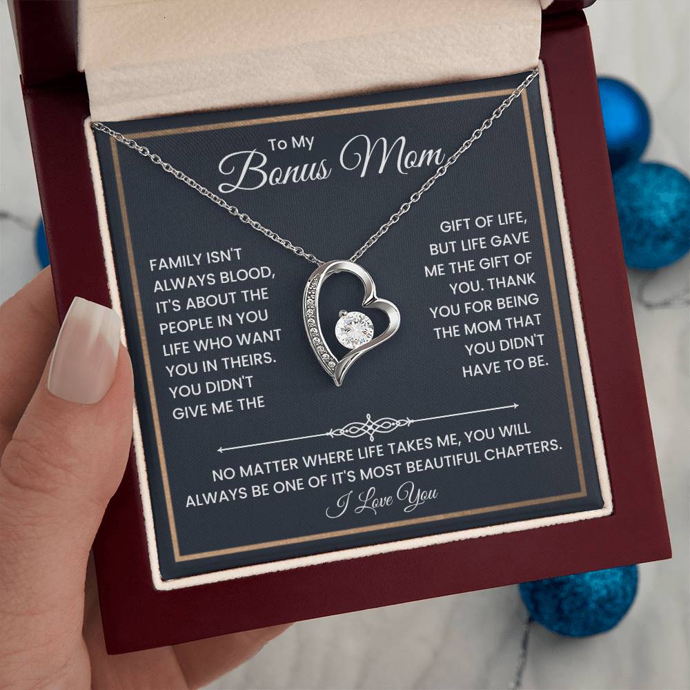 Bonus Mom Necklace – To My Bonus Mom Necklace Gift from Step Daughter or Son, Sterling Silver Family Love Jewelry