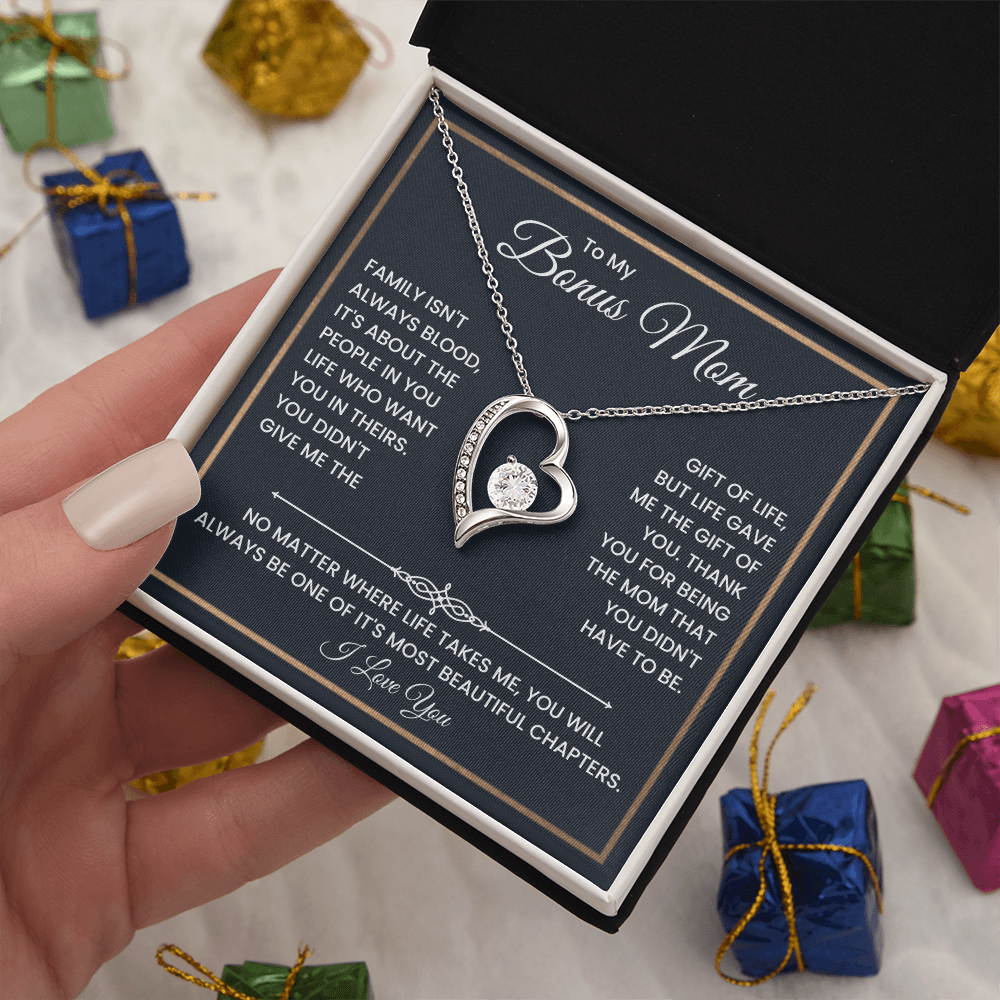 Bonus Mom Necklace – To My Bonus Mom Necklace Gift from Step Daughter or Son, Sterling Silver Family Love Jewelry